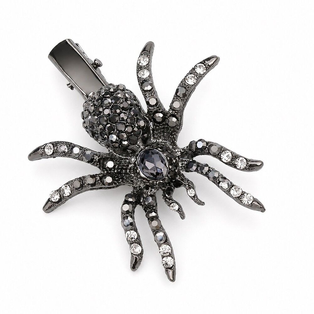 Rhinestone Spider Hair Clip Dark Silver Gothic Halloween Barrette Statement NEW